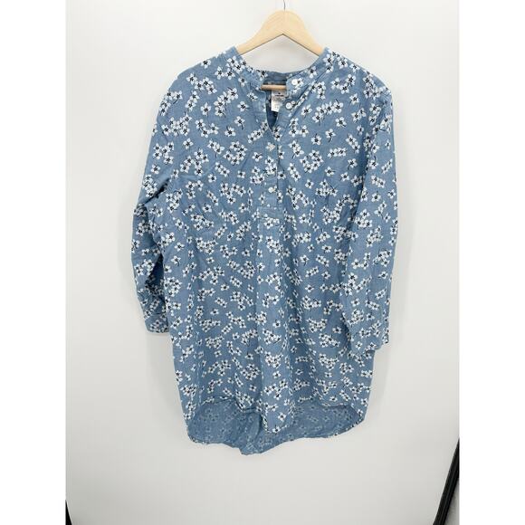 Draper James x Lands' End Women Denim Floral Long Sleeve Tunic Dress Cotton 1X - Picture 1 of 6
